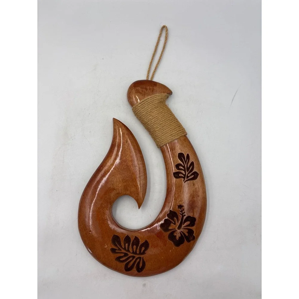 Hawaiian Fish Hook Hand Carved Wood Hanging Decoration Wall‎ Art 12
